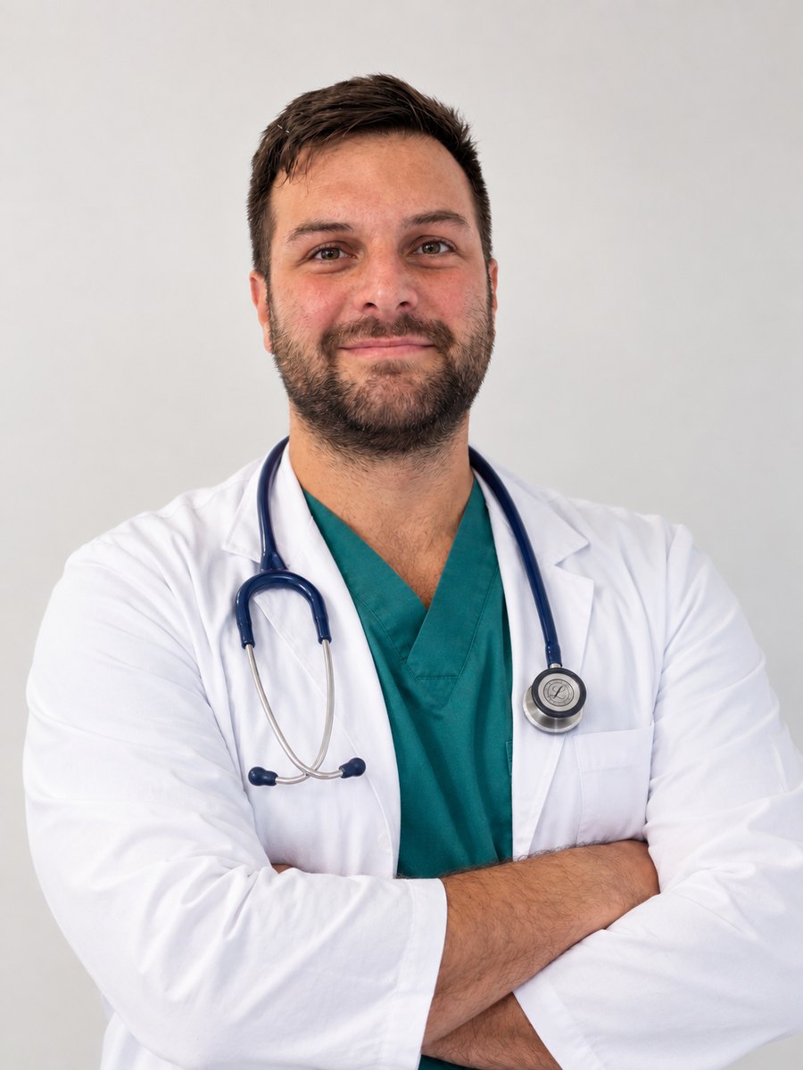 Il Dr. Ettore Blasi in camice con lo stetoscopio
